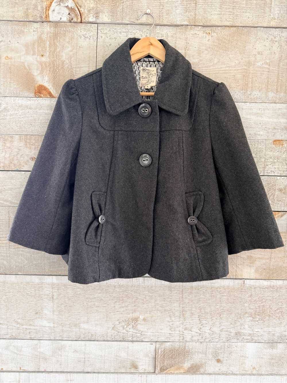 Tulle Grey Wool-Blend Pea Coat with Bow Pocket Details